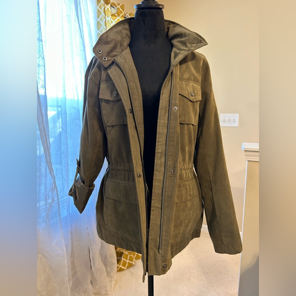Soft olive green, faux suede lightweight jacket. Size S by a.n.a